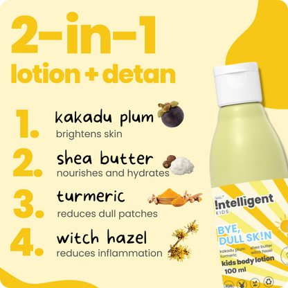 TuCo Intelligent Kids Lotion is a natural skincare solution for kids aged 3 and up. Crafted with Kakadu Plum for brightening, Shea Butter for deep hydration, and Turmeric to even out skin tone, this lotion reduces dark spots and leaves skin soft, smooth, and healthy. Free from harmful chemicals, cruelty-free, and packaged in eco-friendly, 100% recycled plastic, it's the perfect choice for gentle and effective skincare.