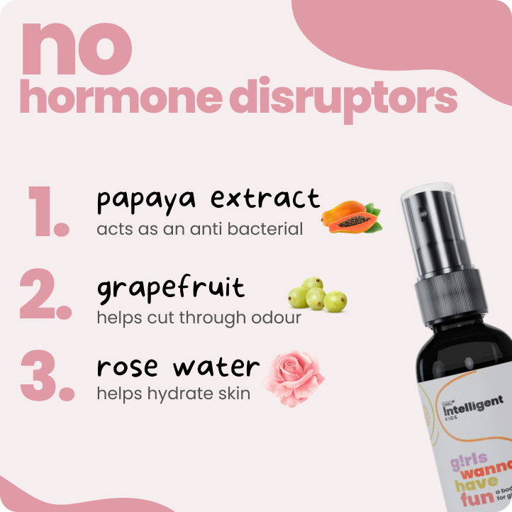 4-in-1 Body Mist for Kids -&nbsp;The Girls Wanna Have Fun is specially designed to help with tween body odour and provide hydration&nbsp;with no hormone disruptors. Lasting up to 8 hours, it’s infused with natural papaya extract, grape extract, and vetiver. With all the properties of an adult deodorant but none of the harmful effects, it’s the perfect choice for your daughter to stay fresh, confident, and carefree!