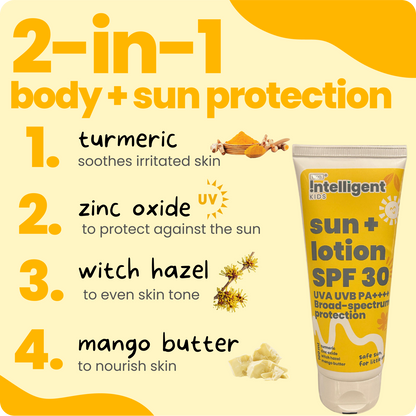 Protect your kids from the sun with Tuco Intelligent 2-in-1 Lotion + Sunscreen SPF 30! Lightweight, non-greasy, and enriched with Saffron and Squalane, it shields kids aged 3-15 from harmful UV rays while keeping skin soft and hydrated. Free from Oxybenzoate, Benzophenone, SLS, Parabens, and Phthalates, it’s perfect for sensitive skin. PETA certified, eco-friendly, and mom-approved!







