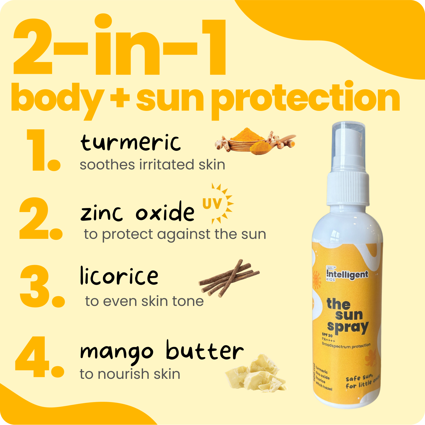 Protect your child's skin with Tuco Intelligent Sun-Spray SPF 30, crafted for kids aged 3+. Infused with Turmeric to brighten and Mango Butter to hydrate, this lightweight, non-greasy sunscreen spray offers easy, independent application. Free from SLS, Parabens, and Phthalates, PETA Certified, and eco-friendly—safe, effective sun care in 100% recycled packaging!







