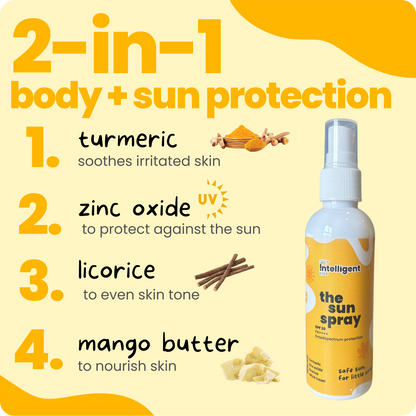 Protect your child's skin with Tuco Intelligent Sun-Spray SPF 30, crafted for kids aged 3+. Infused with Turmeric to brighten and Mango Butter to hydrate, this lightweight, non-greasy sunscreen spray offers easy, independent application. Free from SLS, Parabens, and Phthalates, PETA Certified, and eco-friendly—safe, effective sun care in 100% recycled packaging!







