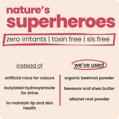 Tuco Intelligent Triple Tint : The product is made with natural ingredients like beetroot, shea butter, and beeswax, providing a safe and chemical-free option for kids' makeup. Suitable for use on lips, cheeks, and eyelids, this tint adds a subtle flush of color while nourishing and hydrating the skin. Perfect for playtime or special occasions, it's a gentle and versatile choice for young ones.