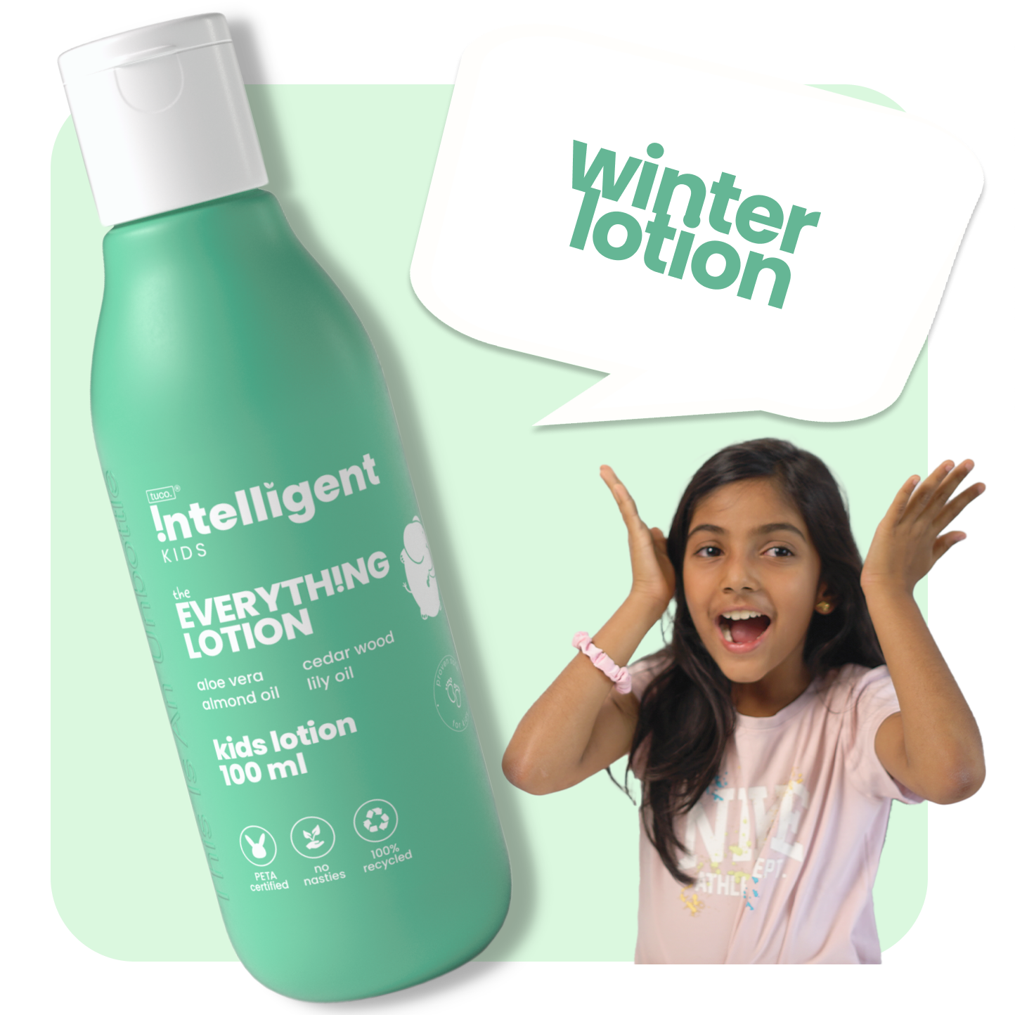 Keep your child’s skin&nbsp;soft and protected with the TuCo Kids Winter Lotion specially crafted for kids aged 3-15. Enriched with Almond Oil and Rosemary Oil it&nbsp;deeply hydrates&nbsp;dry and itchy skin, while&nbsp;Kokum&nbsp;works to&nbsp;detan&nbsp;and reduce inflammation. Plus, it’s eco-friendly, cruelty-free, and free from SLS, Parabens, and Phthalates—safe for kids and the planet!