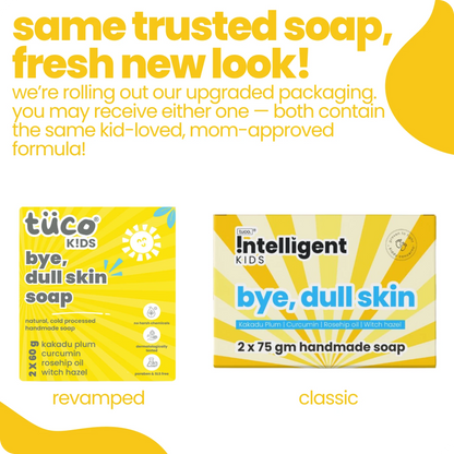 Two boxes of 'bye, dull skin' soap with text about upgraded packaging on a yellow and white background.