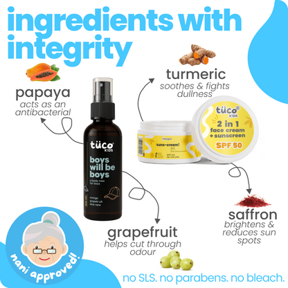 active boys summer essential soothing gel + body mist + sunscreen spf50 — before and after results | Tuco Kids