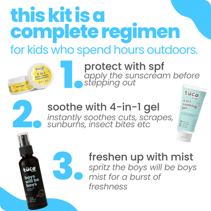 active boys summer essential soothing gel + body mist + sunscreen spf50 — how to use | Tuco Kids