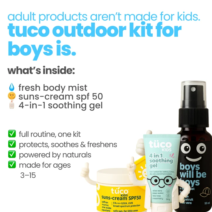 active boys summer essential soothing gel + body mist + sunscreen spf50 — key ingredients | Tuco Kids