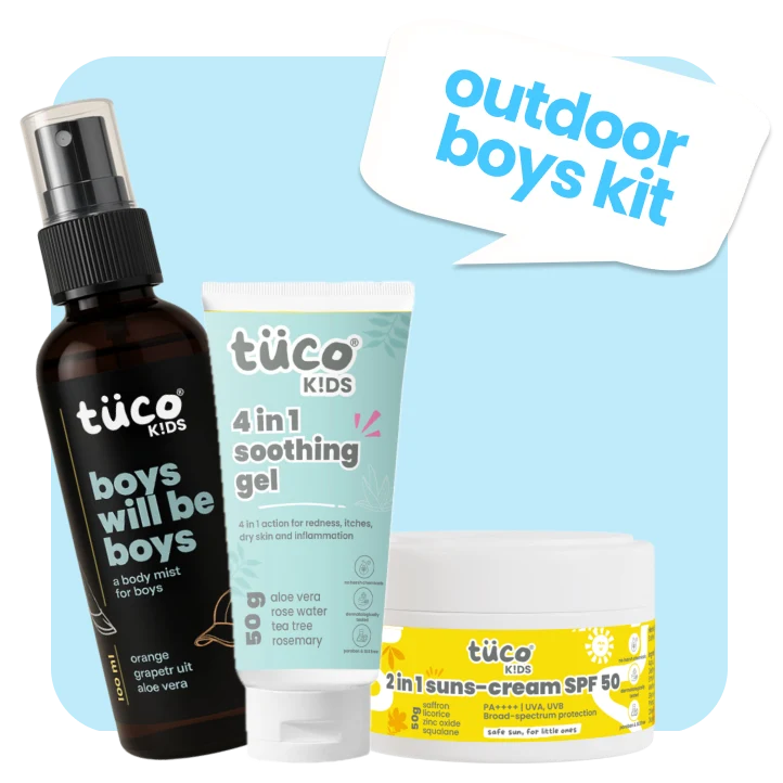 active boys summer essential soothing gel + body mist + sunscreen spf50 — natural kids skincare | Tuco Kids