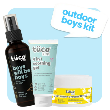 active boys summer essential soothing gel + body mist + sunscreen spf50 — natural kids skincare | Tuco Kids