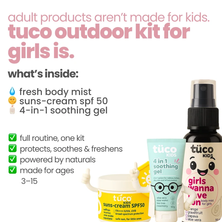 Tuco Kids active girls summer kit contents – fresh body mist, SPF 50 suns-cream and 4-in-1 soothing gel for ages 3-15
