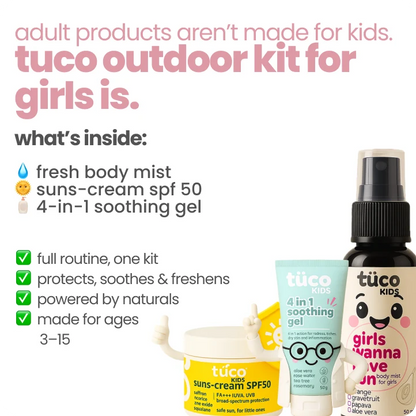 Tuco Kids active girls summer kit contents – fresh body mist, SPF 50 suns-cream and 4-in-1 soothing gel for ages 3-15