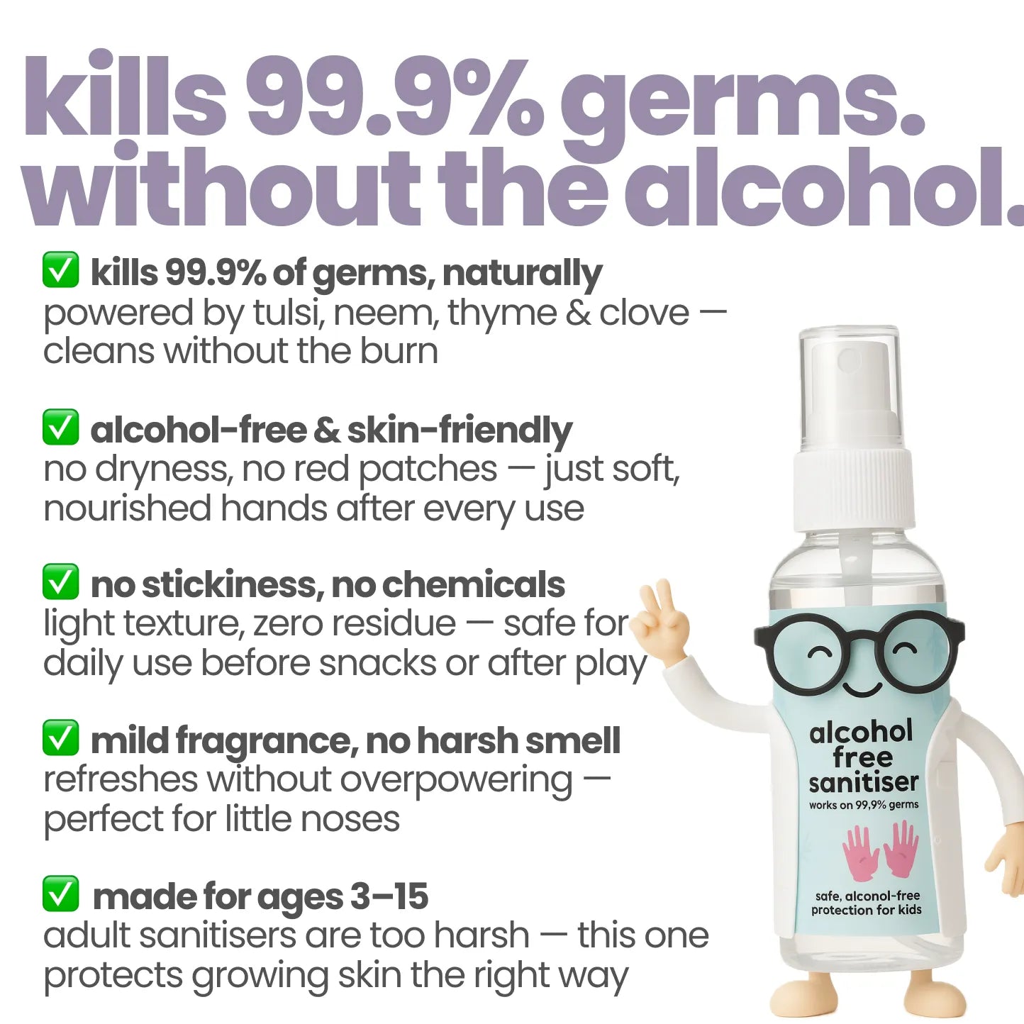 Tuco Kids alcohol-free sanitiser for kids kills 99.9% germs with tulsi, neem, thyme and clove - ages 3-15