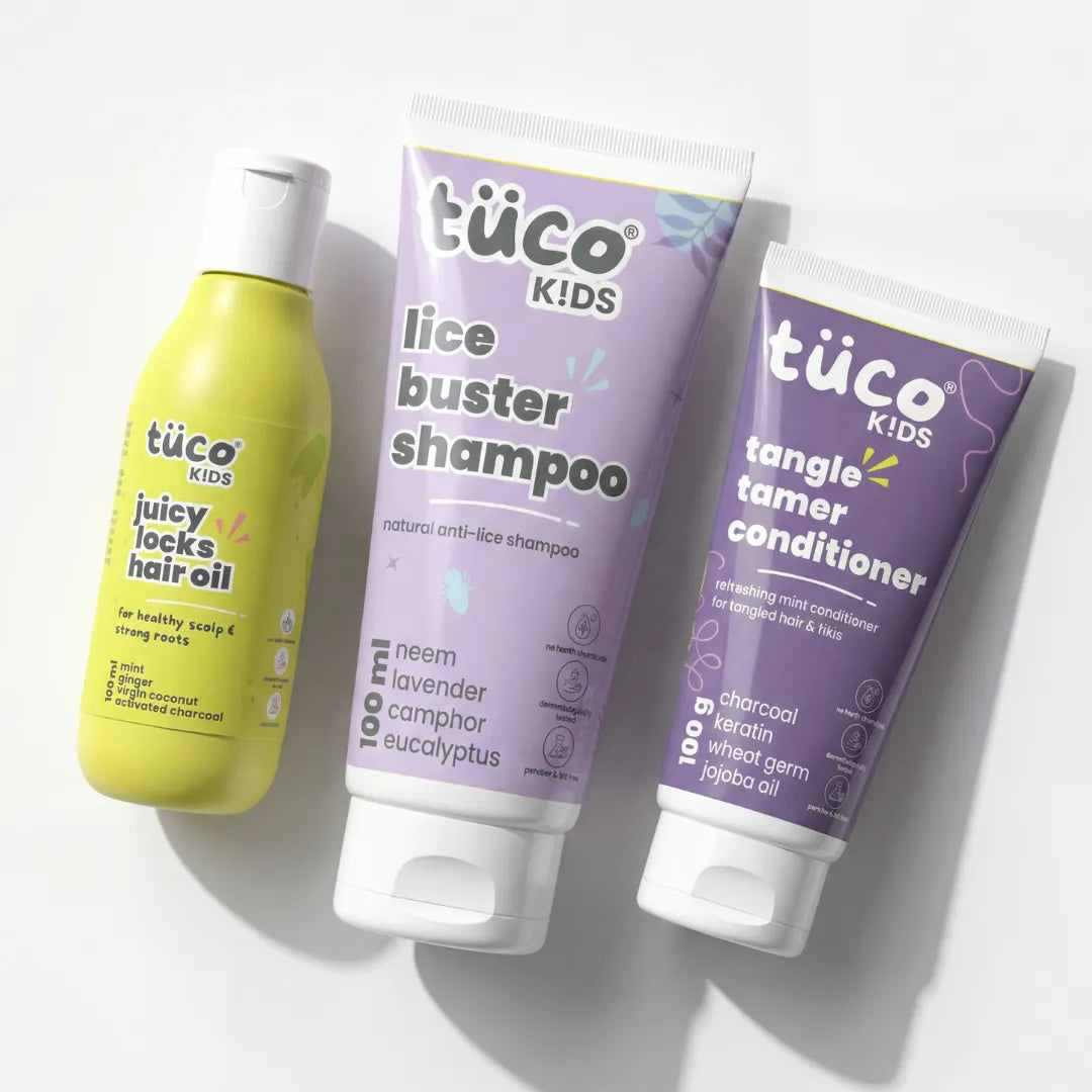 Tuco Kids anti-lice regimen with kids hair oil, lice shampoo for kids and tangle tamer conditioner