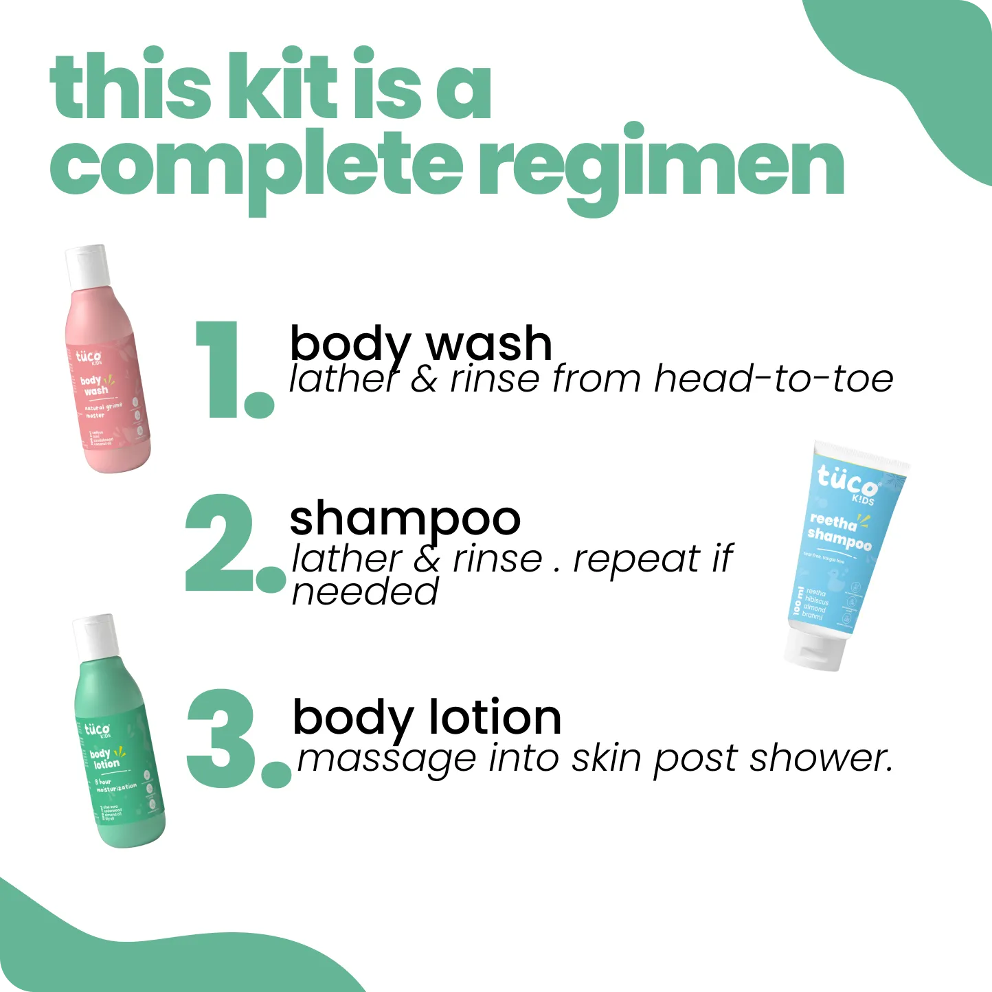 Tuco Kids bath kit 3-step routine – step 1 body wash, step 2 shampoo, step 3 body lotion post shower