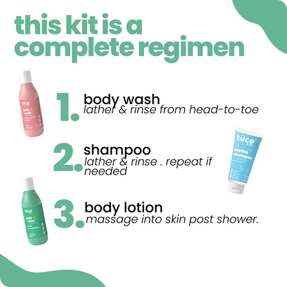 Tuco Kids bath kit 3-step routine – step 1 body wash, step 2 shampoo, step 3 body lotion post shower
