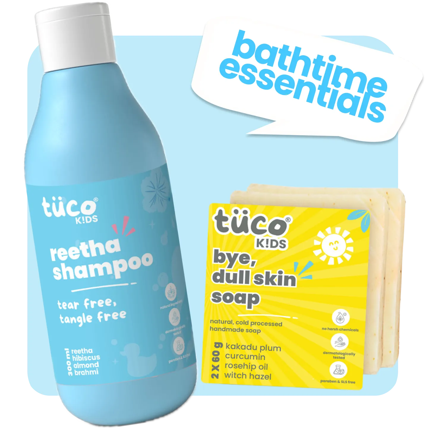 Tuco Kids Bathtime Essentials Kit with reetha kids shampoo and bye dull skin kids soap pack of 2 - ages 3-15