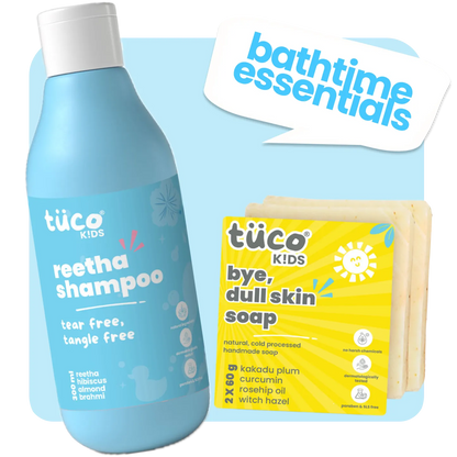 Tuco Kids Bathtime Essentials Kit with reetha kids shampoo and bye dull skin kids soap pack of 2 - ages 3-15