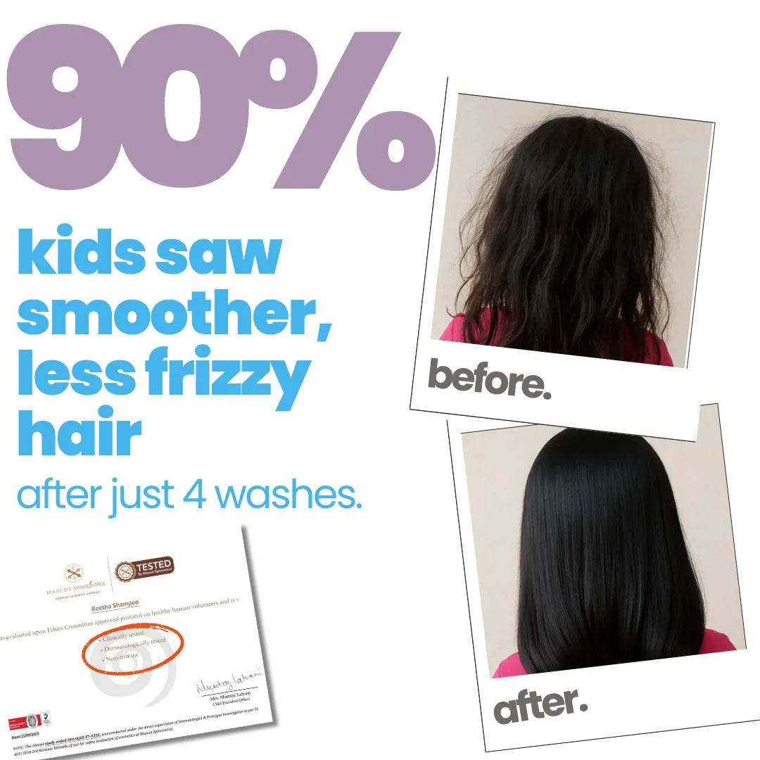 Before and after results of Tuco Kids reetha shampoo – 90% kids saw smoother less frizzy hair after just 4 washes