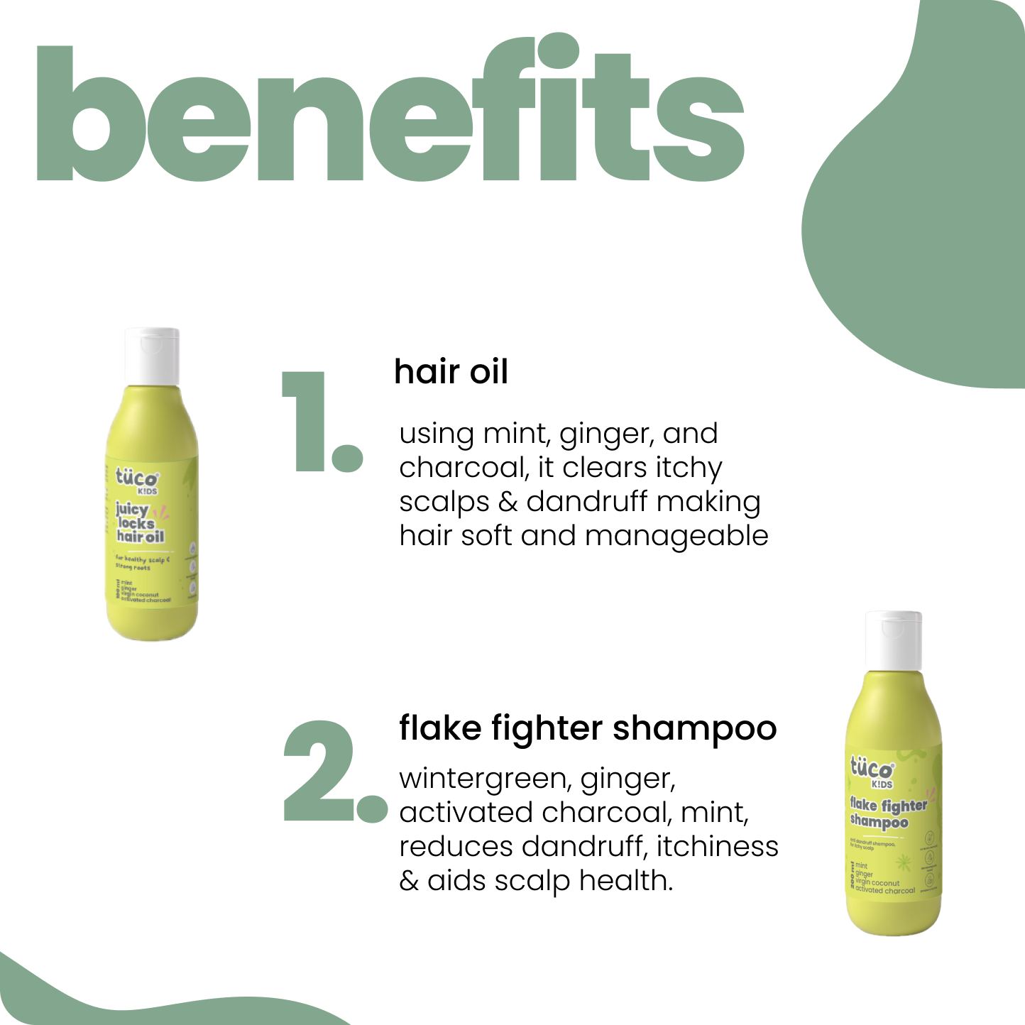 Benefits of Tuco Kids Bye Dandruff Kit – hair oil clears itchy scalp with mint, ginger and charcoal, flake fighter shampoo reduces dandruff