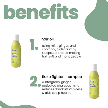 Benefits of Tuco Kids Bye Dandruff Kit – hair oil clears itchy scalp with mint, ginger and charcoal, flake fighter shampoo reduces dandruff