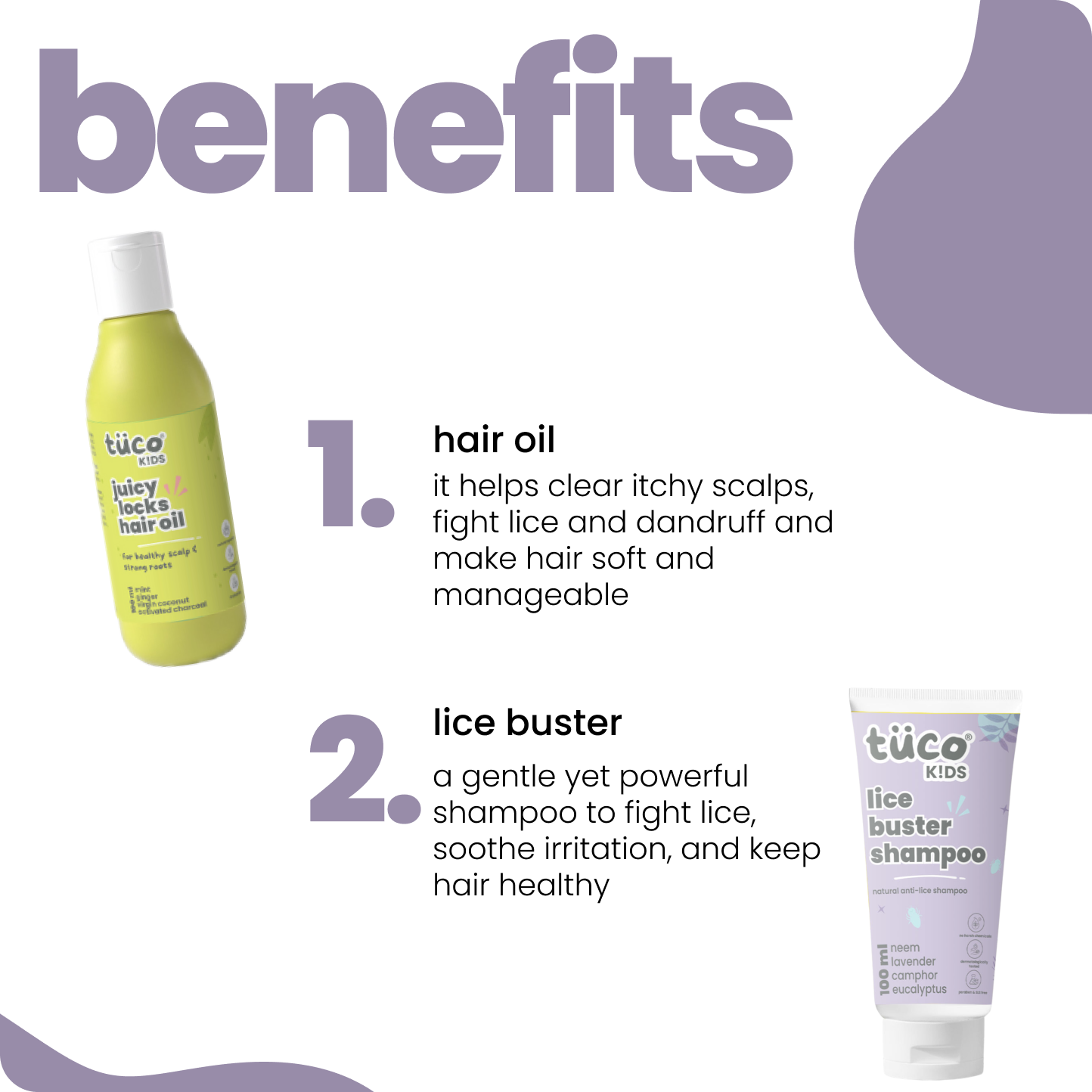 Benefits of Tuco Kids Lice Fighter Kit – hair oil clears lice and dandruff, lice buster shampoo gently fights lice and soothes irritation