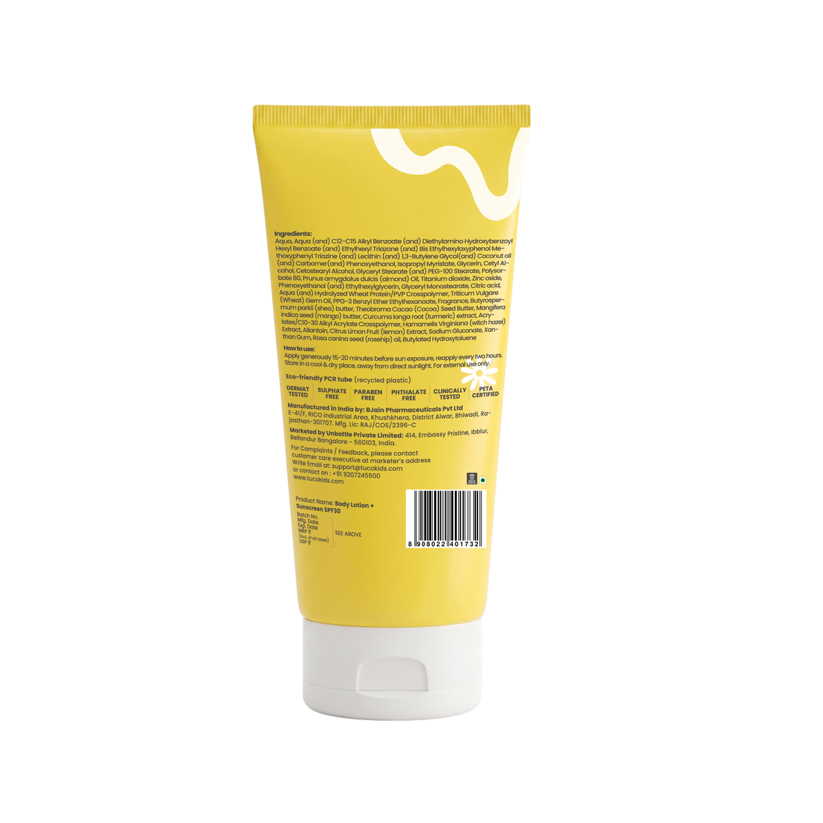 Body Lotion + Sunscreen SPF 30 (100ml) — back of pack, ingredients & product details | Tuco Kids