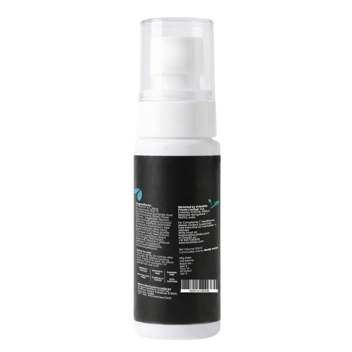 Everyday Body Mist for Boys (50ml) — back of pack, ingredients & product details | Tuco Kids