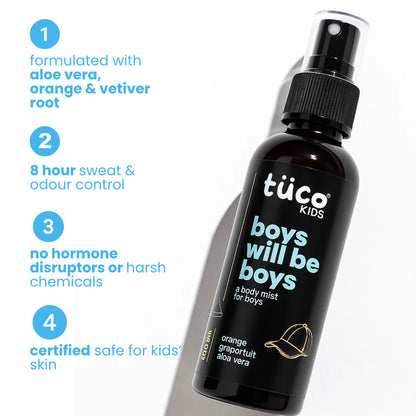 Tuco Kids boys body mist with aloe vera, orange and vetiver root - 8 hour sweat and odour control