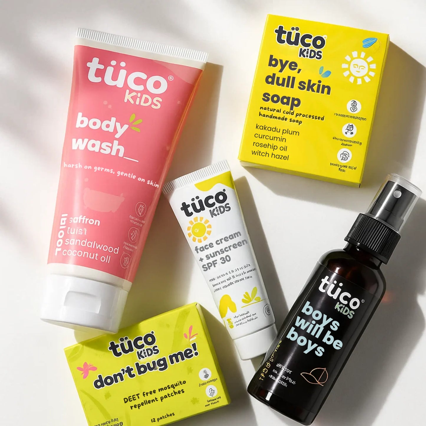 Tuco Kids boys bundle - kids body wash, dull skin soap, sunscreen SPF 30, boys body mist and mosquito patches