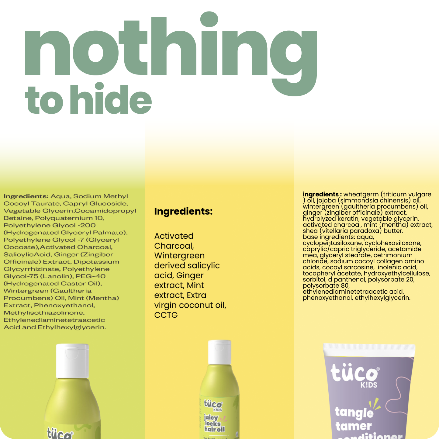 Tuco Kids Bye Dandruff Kit full ingredients – nothing to hide, activated charcoal, wintergreen, ginger, mint and extra virgin coconut oil