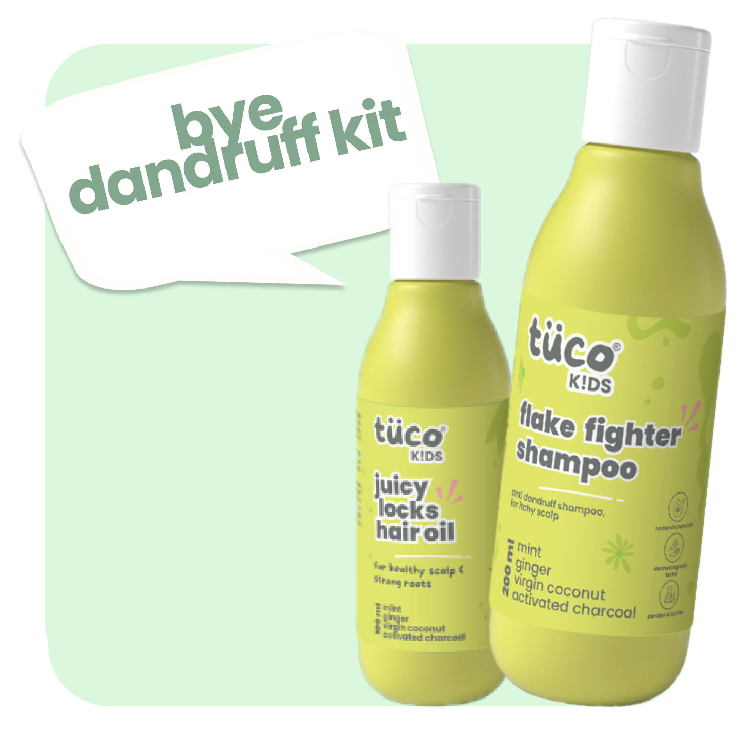 Tuco Kids Bye Dandruff Kit – juicy locks hair oil 100ml and flake fighter anti-dandruff shampoo 200ml for kids