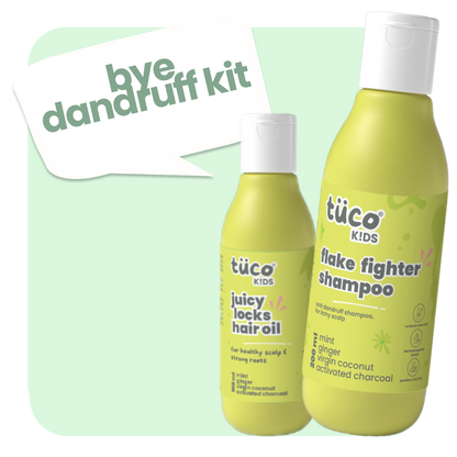 Tuco Kids Bye Dandruff Kit – juicy locks hair oil 100ml and flake fighter anti-dandruff shampoo 200ml for kids