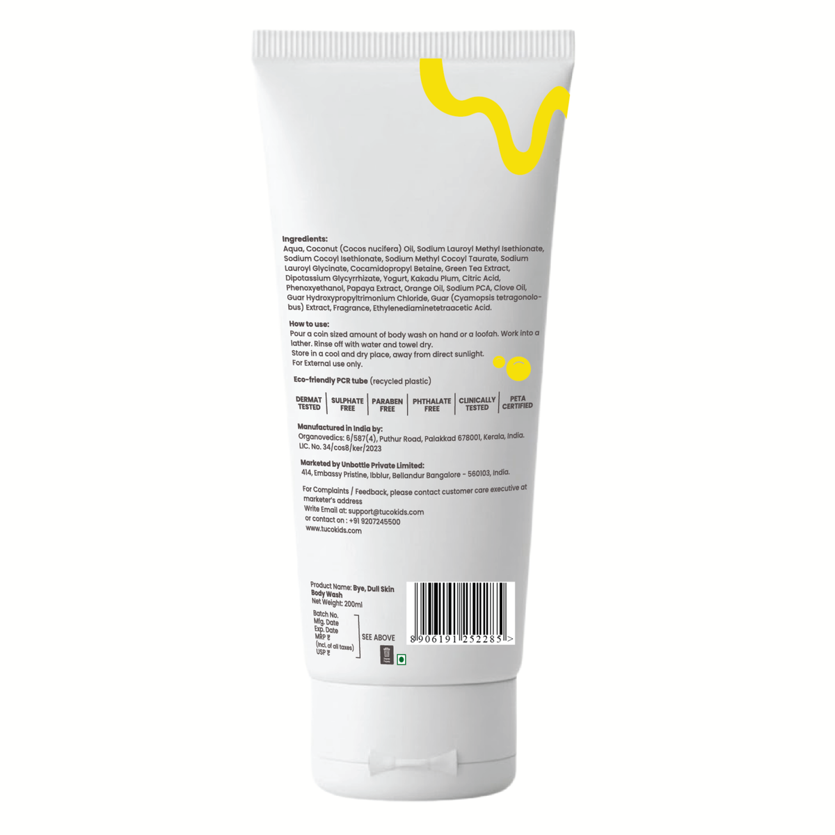 Bye Dull Skin Body Wash 200ml — back of pack, ingredients & product details | Tuco Kids