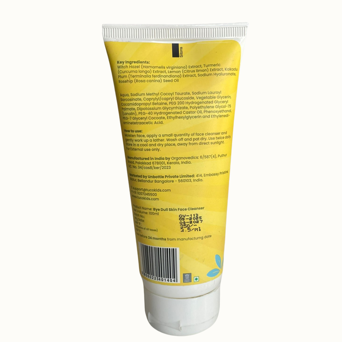 Bye Dull Skin Face Wash 100ml — back of pack, ingredients & product details | Tuco Kids