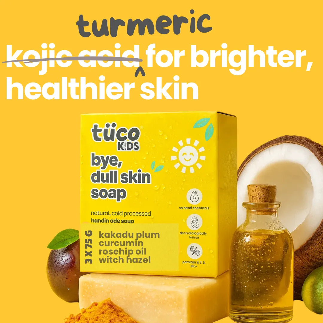 Tuco Kids bye dull skin soap 3x75g pack – turmeric not kojic acid for brighter healthier kids skin, cold processed handmade
