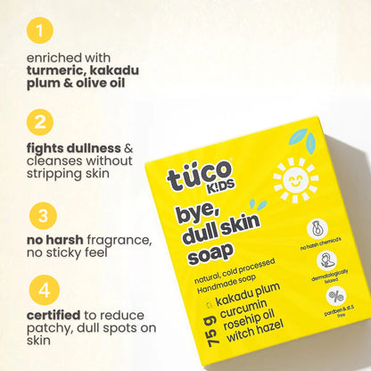 Tuco Kids bye dull skin soap 75g with turmeric, kakadu plum, olive oil - fights dullness for kids skin