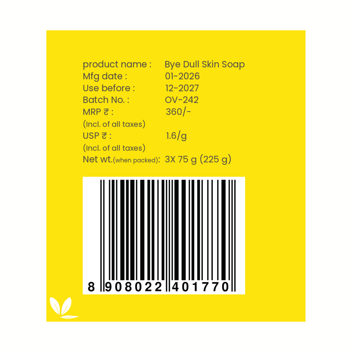 Bye Dull Skin Soap Pack of 3 (75g) — back of pack, ingredients & product details | Tuco Kids