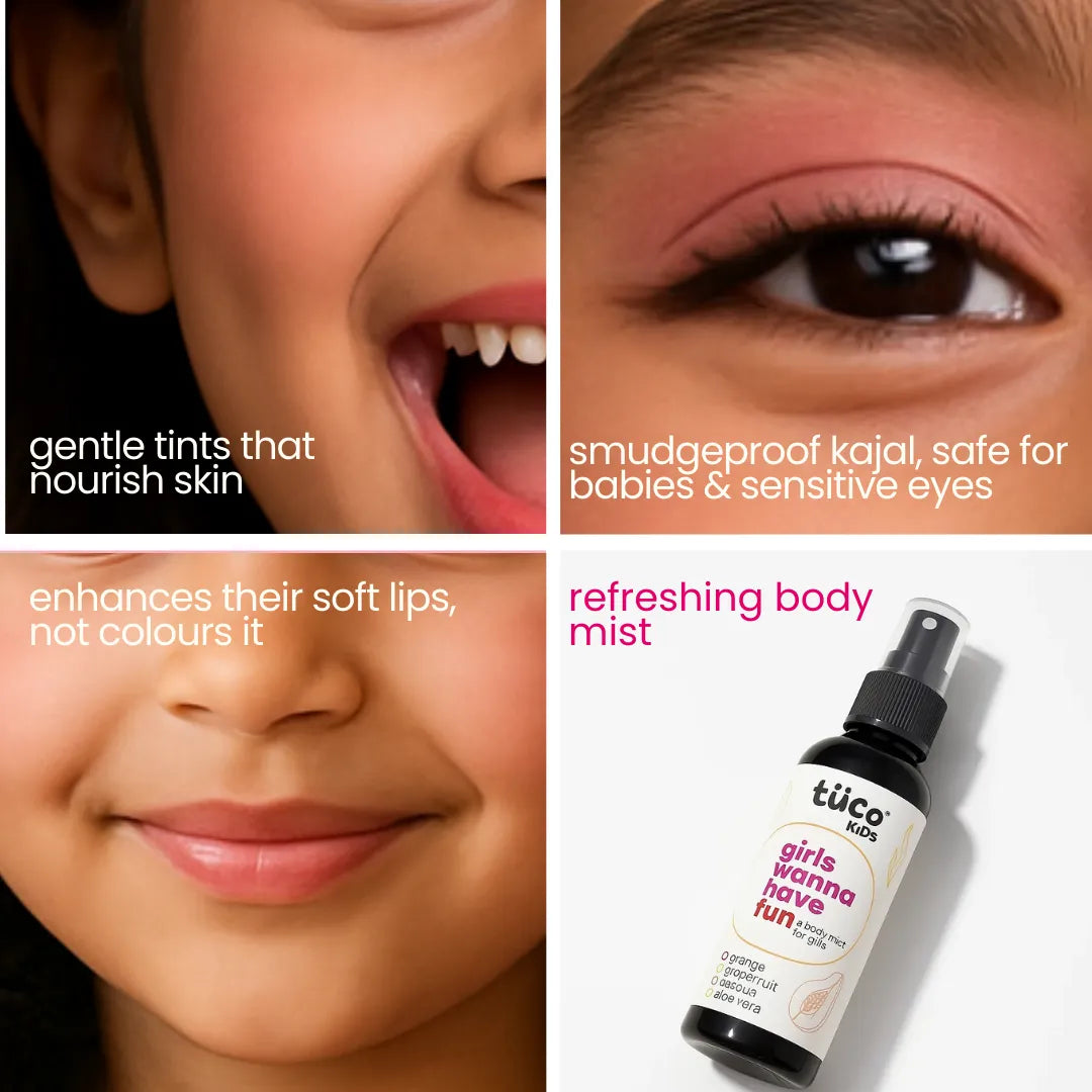 Tuco Kids Complete Glam Girl Kit features – gentle tints, smudgeproof kajal safe for babies and sensitive eyes, refreshing body mist
