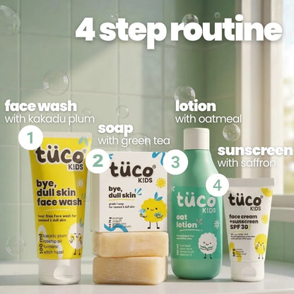 Complete Morning Skincare Kit for Kids: Face Wash + Soap + Sunscreen + Oat Lotion — how to use | Tuco Kids
