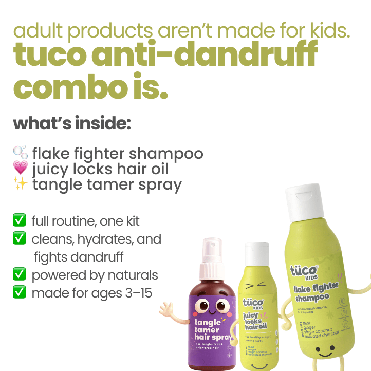 Complete Tuco Kids anti dandruff shampoo for kids kit - flake fighter shampoo, kids hair oil and tangle tamer spray