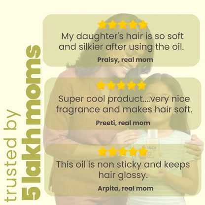 5-star mom reviews for Tuco Kids Juicy Locks hair oil – soft, silky, non-sticky and keeps hair glossy, trusted by 5 lakh moms