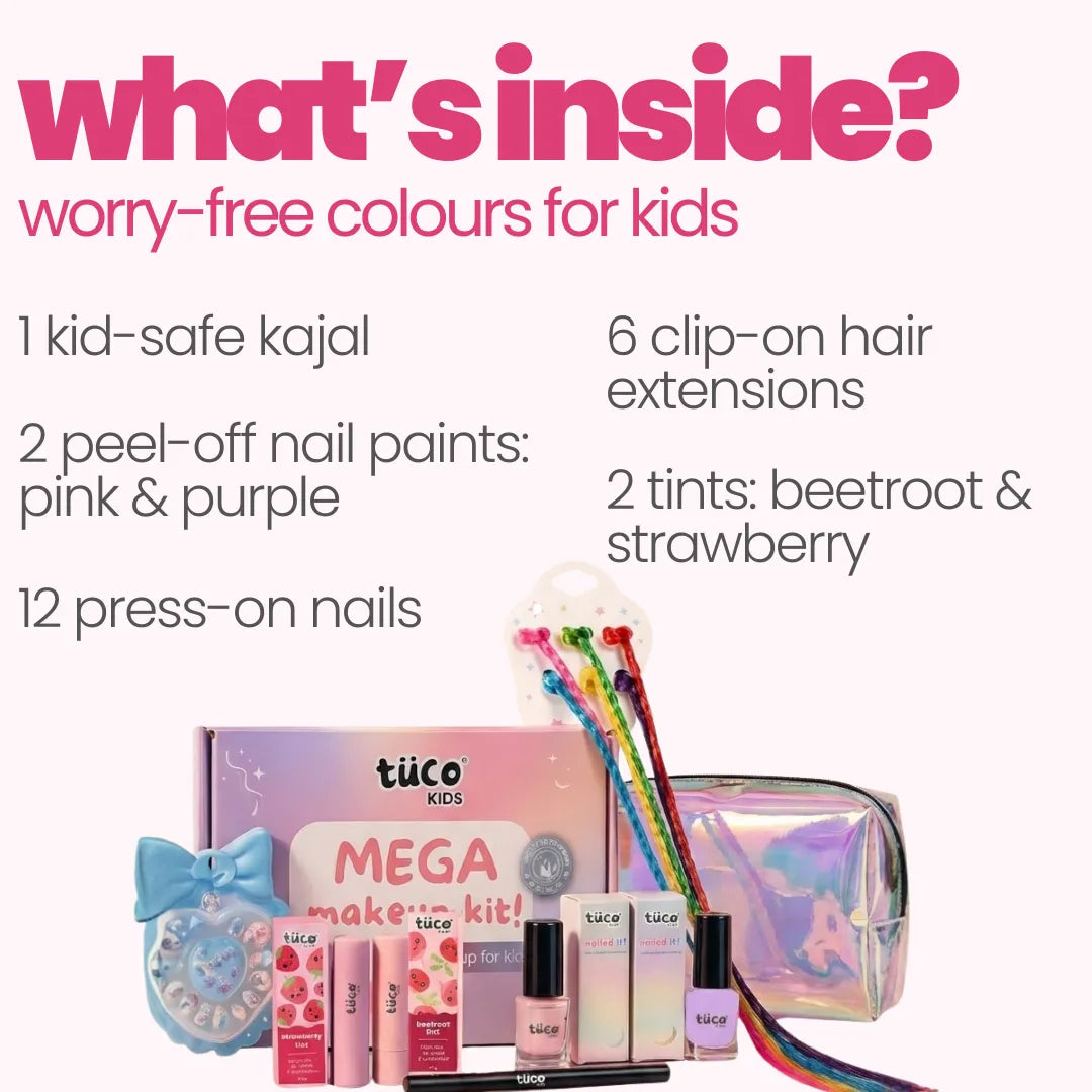 What is inside Tuco Kids Mega Makeup Kit – kajal, peel-off nail paints, press-on nails, hair extensions and beetroot strawberry tints