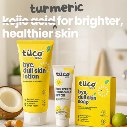 Tuco Kids Dull Skin Kit - turmeric not kojic acid for brighter healthier skin, bye dull skin lotion face cream sunscreen SPF 30 and dull skin soap with natural ingredients