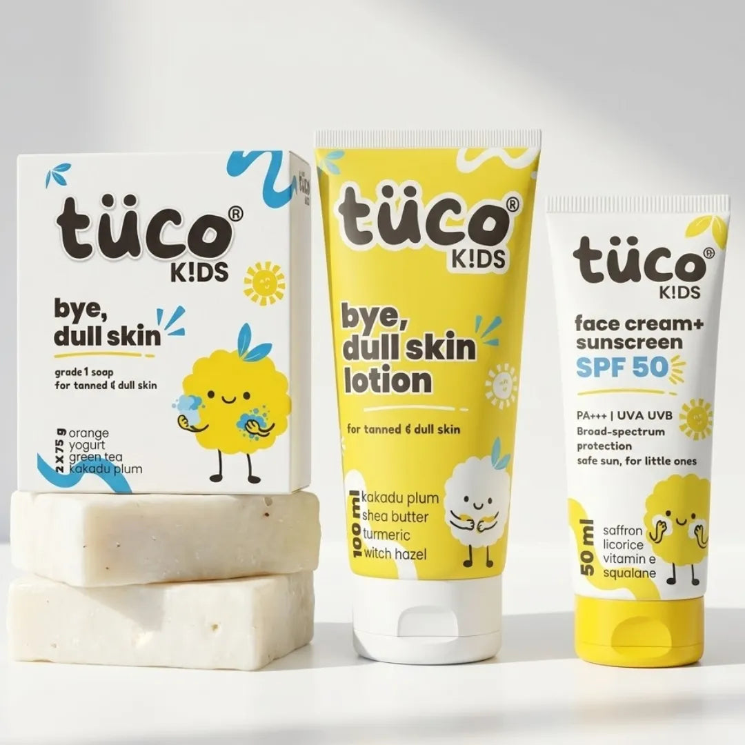 Tuco Kids' 3-in-1 dull skin kit naturally and gently brightens and protects kids' skin