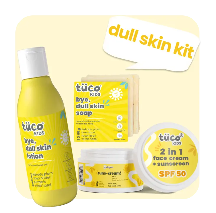 Tuco Kids skincare products including soap, lotion, cream, and sun-cream on a yellow background.