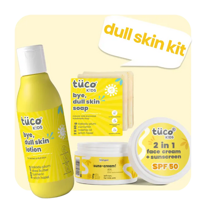 Tuco Kids skincare products including soap, lotion, cream, and sun-cream on a yellow background.
