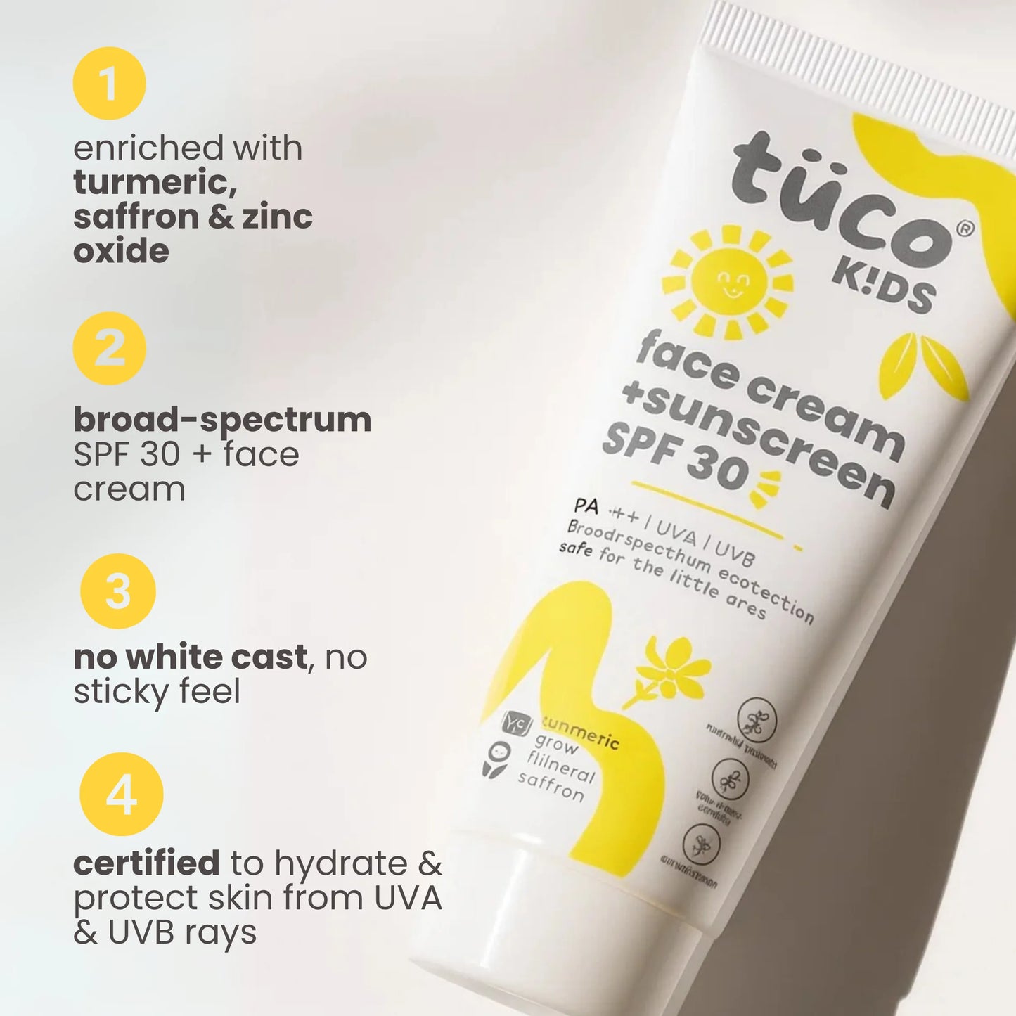 Tuco Kids face cream and sunscreen SPF 30 for kids - turmeric, saffron, zinc oxide, no white cast