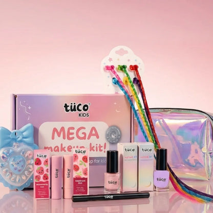 Tuco Kids Festive Mega Makeup Kit – kajal, 2 peel-off nail paints, 2 tints, 12 press-on nails, 6 hair extensions and holographic pouch