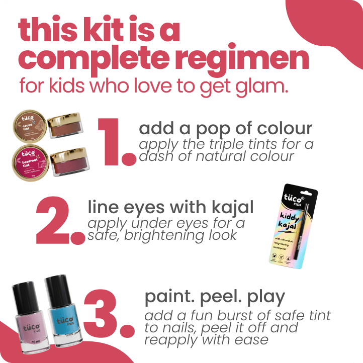 Advertisement for a kids' makeup kit with product images and text on a white background.