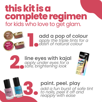Advertisement for a kids' makeup kit with product images and text on a white background.